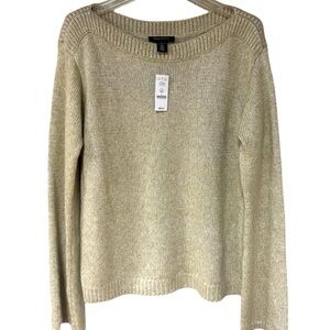 NWT White House Black Market Beige Metallic Knit Boatneck Wool Blend Sweater SzL